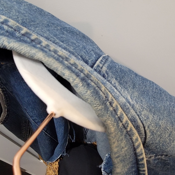 Upcycled Vintage Gypsy Boho Denim Jacket Kimono Crochet Fringe - Picture 12 of 15